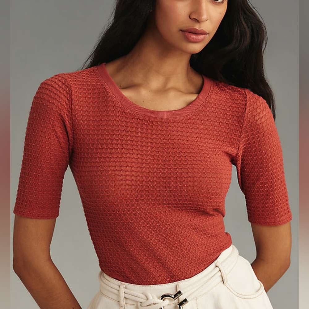 ANTHROPOLOGIE PILCRO Textured Rust Short Sleeve Crewneck Top